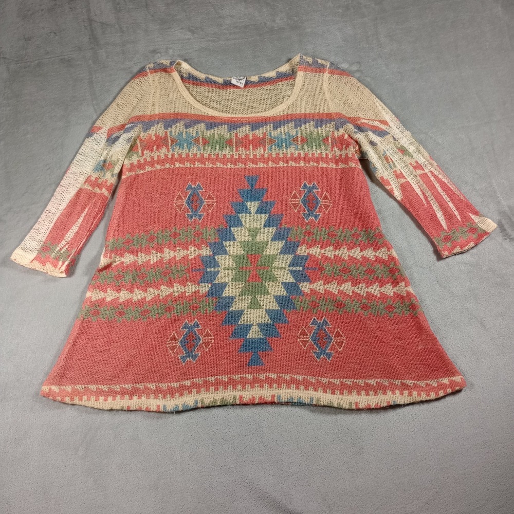 Sun & Moon Southwestern Knit Top Womens Medium Pink Blue 3/4 Sleeve Boho Aztec